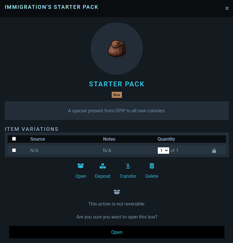 Screenshot of the Starter Pack modal